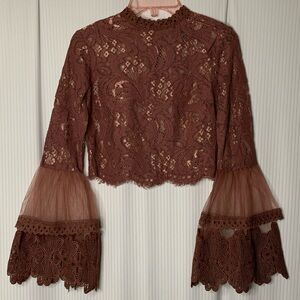 Revamped Blouse Top Long Sleeve Flare Bell Lace Cuff Zipper Back Brown XS